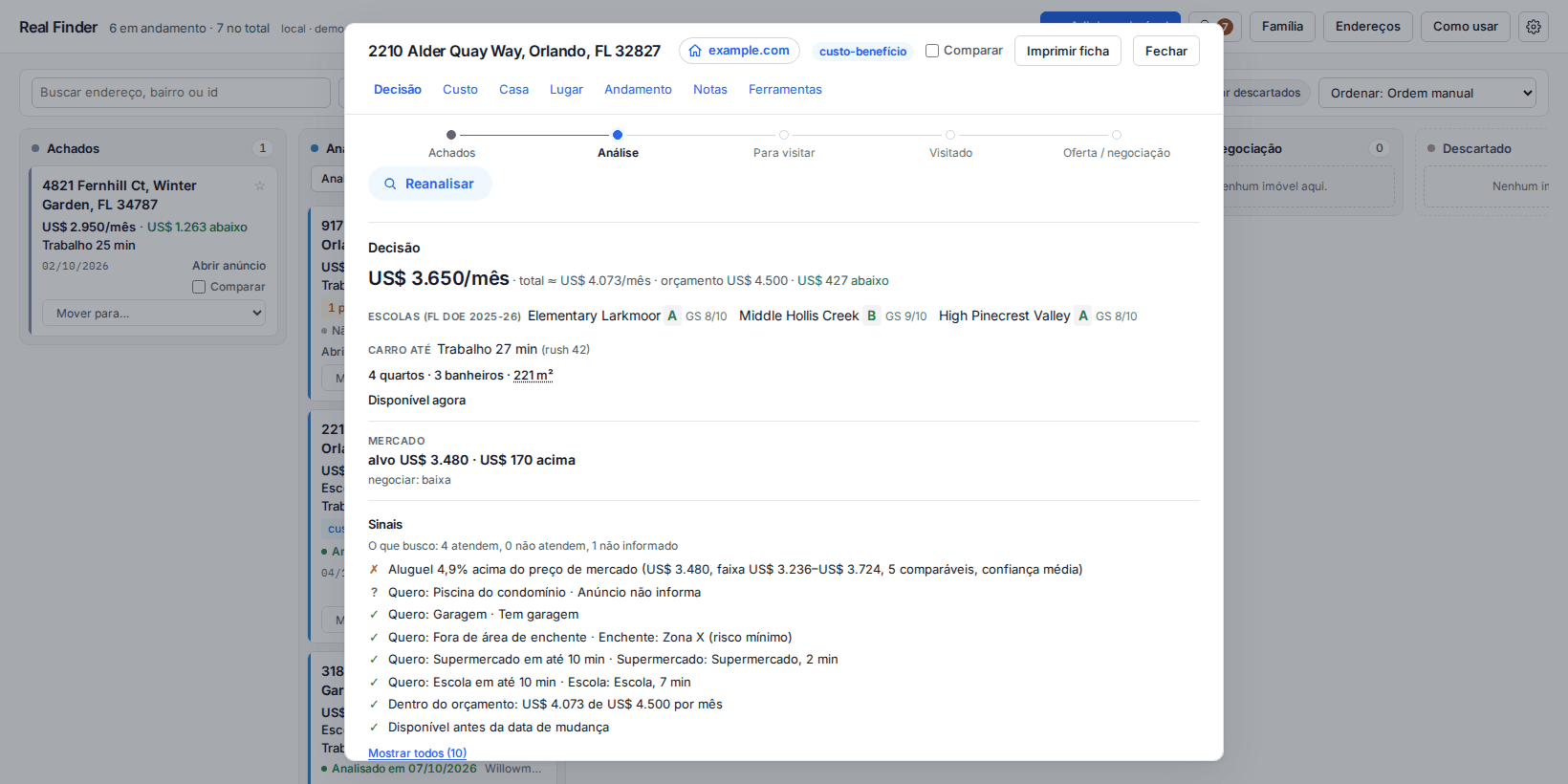 Real Finder kanban board with a house panel open on the Decision block, showing monthly price, commute to work, zoned school, market target and a list of signals, all with sample data.