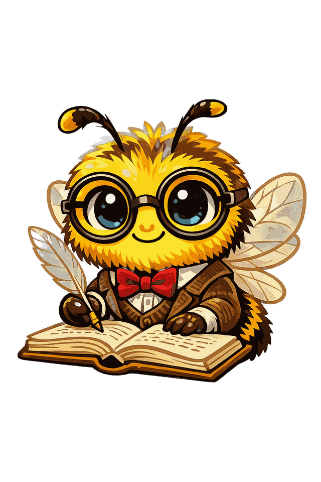 Shakesbee with quill and open book
